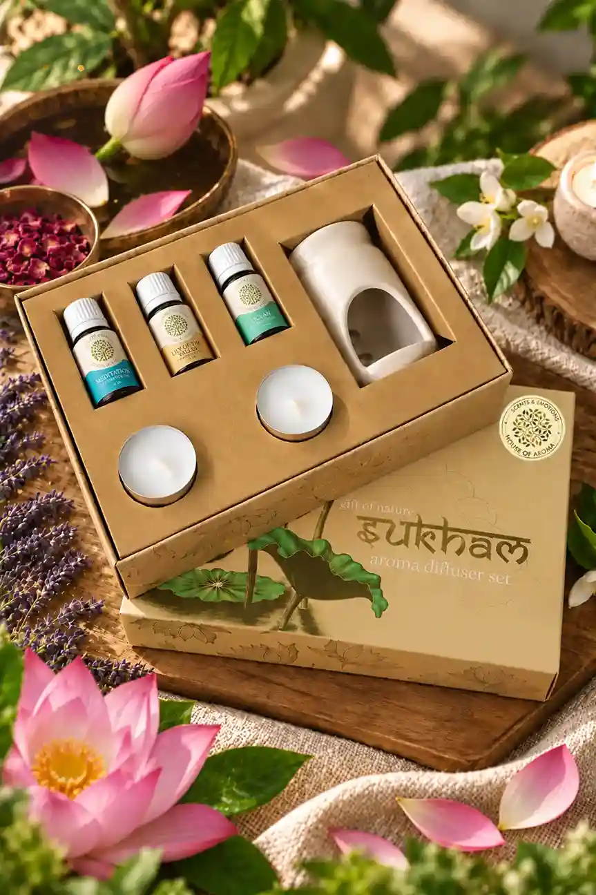 Aroma diffuser set combo pack, Sukham diffuser gift set, fragrance oils gift set, aroma diffuser with fragrance oils, home fragrance diffuser set