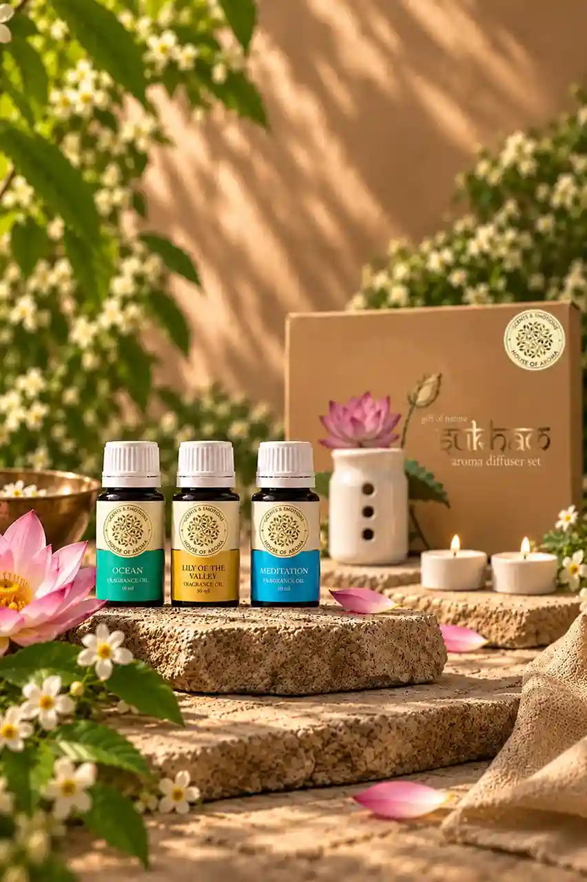 Aroma diffuser set combo pack, Sukham diffuser gift set, fragrance oils gift set, aroma diffuser with fragrance oils, home fragrance diffuser set