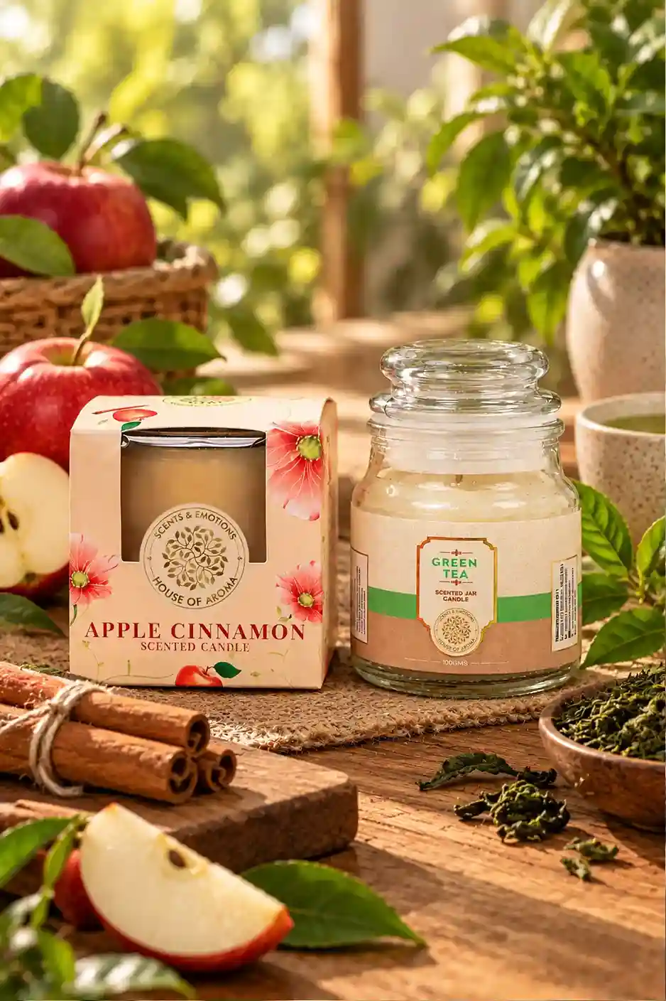 Aroma home candles combo pack, Apple Cinnamon scented glass candle, Green Tea Bell Jar Candle, home fragrance candle set, scented candle combo