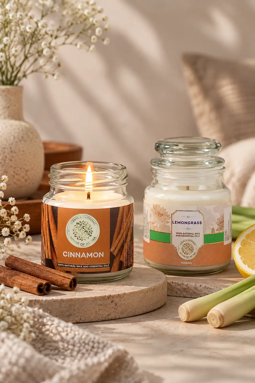 Aromatherapy candles combo pack, Cinnamon scented candle, Lemongrass scented candle, natural aromatherapy candles, scented candle gift set