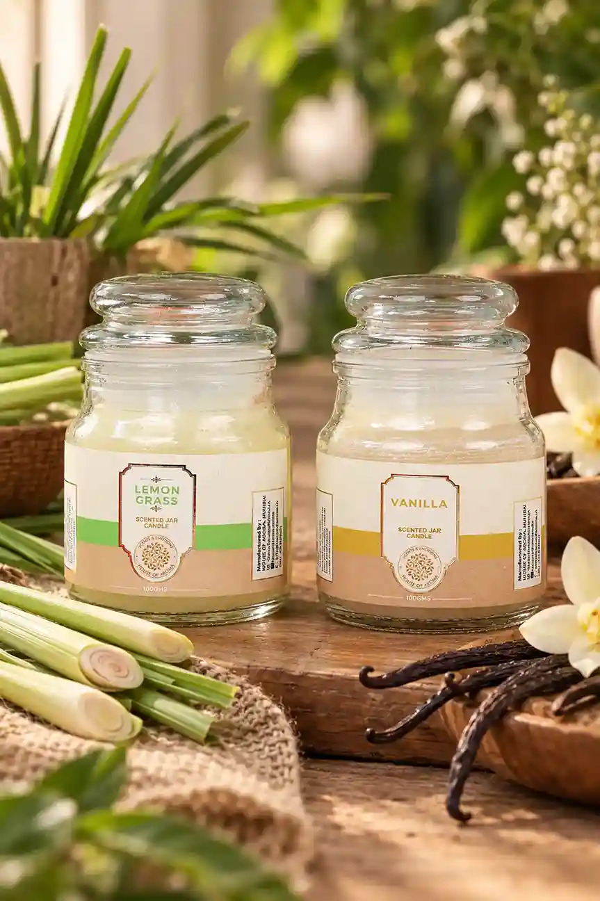 Lemongrass vanilla candles, decorative scented candles, bell jar candle set, scented candle combo, home fragrance candles