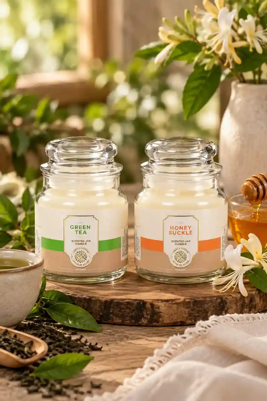 Green tea honey suckle candles, decorative scented candles, bell jar candle set, scented candle combo, home fragrance candles