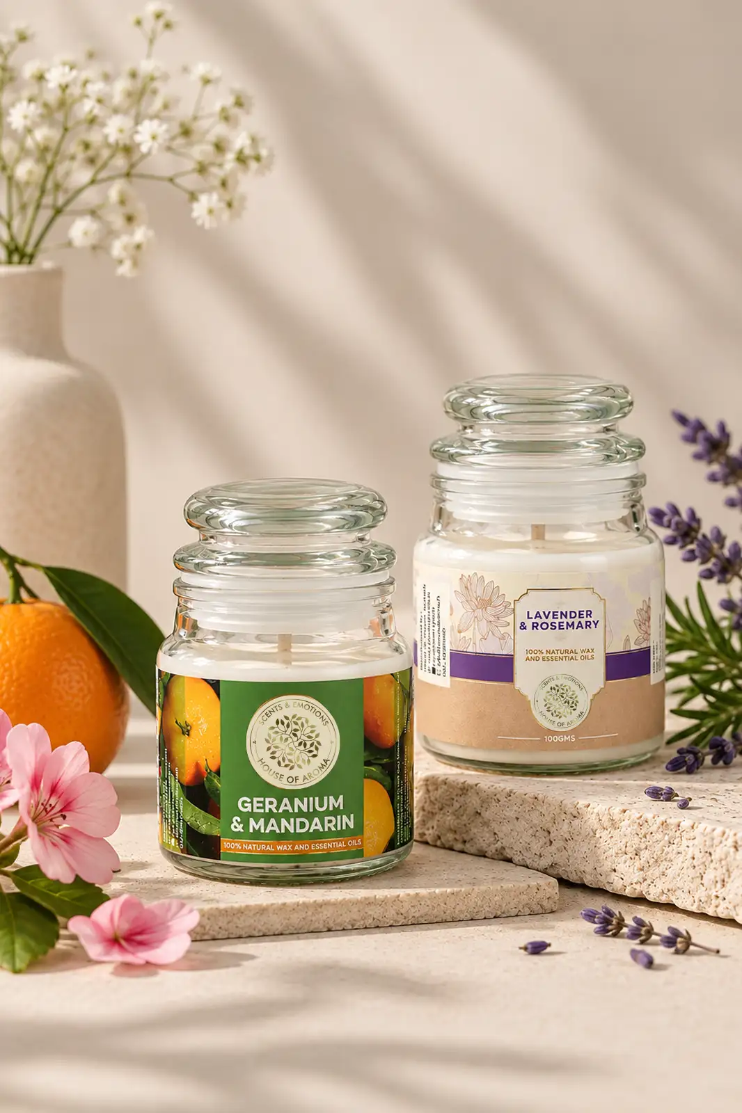 Floral scented candles combo pack, Geranium and Mandarin scented candle, Lavender and Rosemary scented candle, natural scented candle set, floral candle gift set