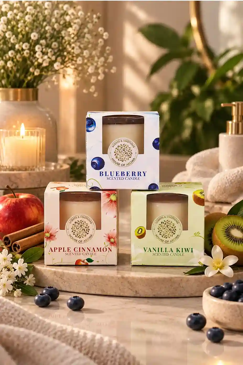 Fruit fragrance candles pack of 3, Apple Cinnamon scented glass candle, Vanilla Kiwi scented glass candle, Blueberry scented glass candle, fruit scented candle set