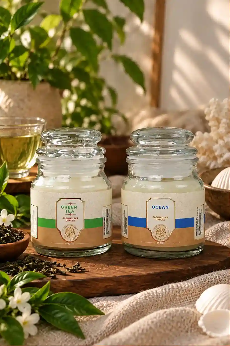 Home fragrance candles combo pack, Green Tea Bell Jar Candle, Ocean Bell Jar Candle, scented jar candle set, home fragrance candle set