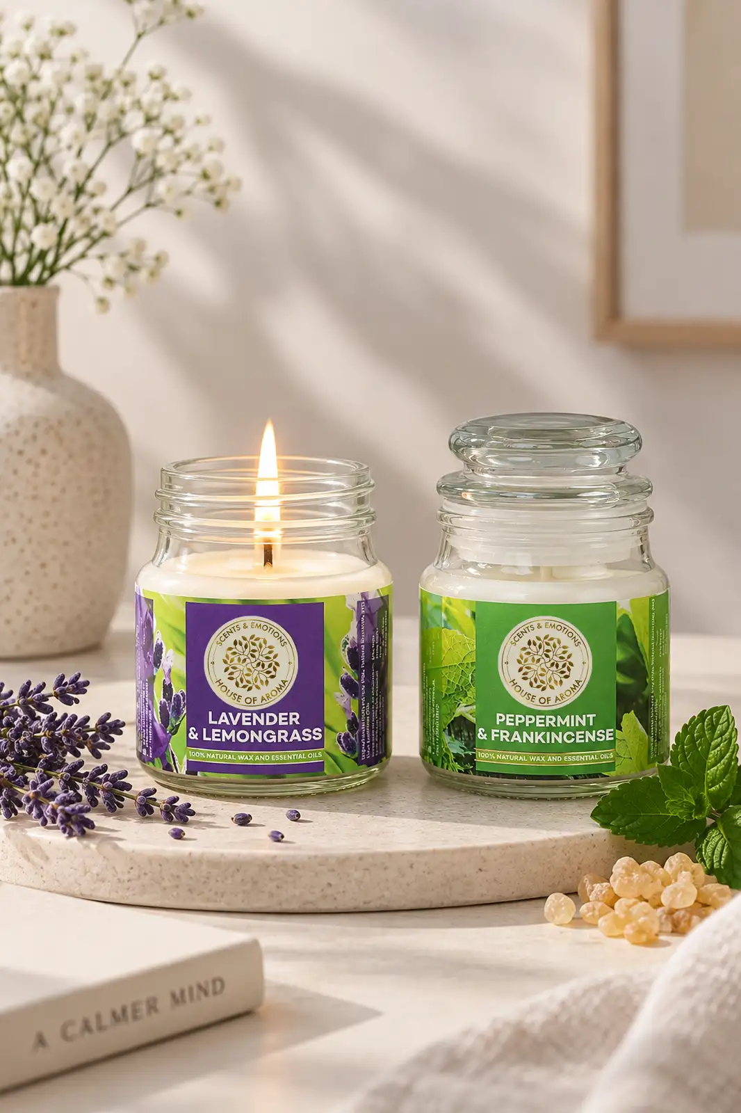 Organic scented candles combo pack, Peppermint and Frankincense candle, Lavender and Lemongrass candle, natural scented candle set, organic candle gift set