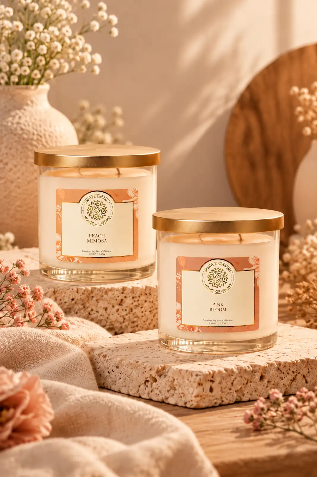 Scented 3 wick candles combo pack, Peach Mimosa 3 wick candle, Pink Bloom 3 wick candle, natural wax 3 wick candles, scented candle gift set