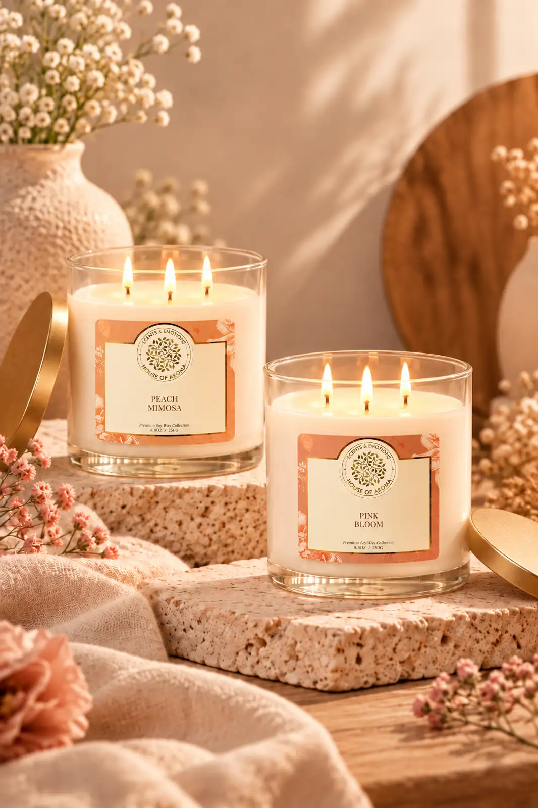 Scented 3 wick candles combo pack, Peach Mimosa 3 wick candle, Pink Bloom 3 wick candle, natural wax 3 wick candles, scented candle gift set