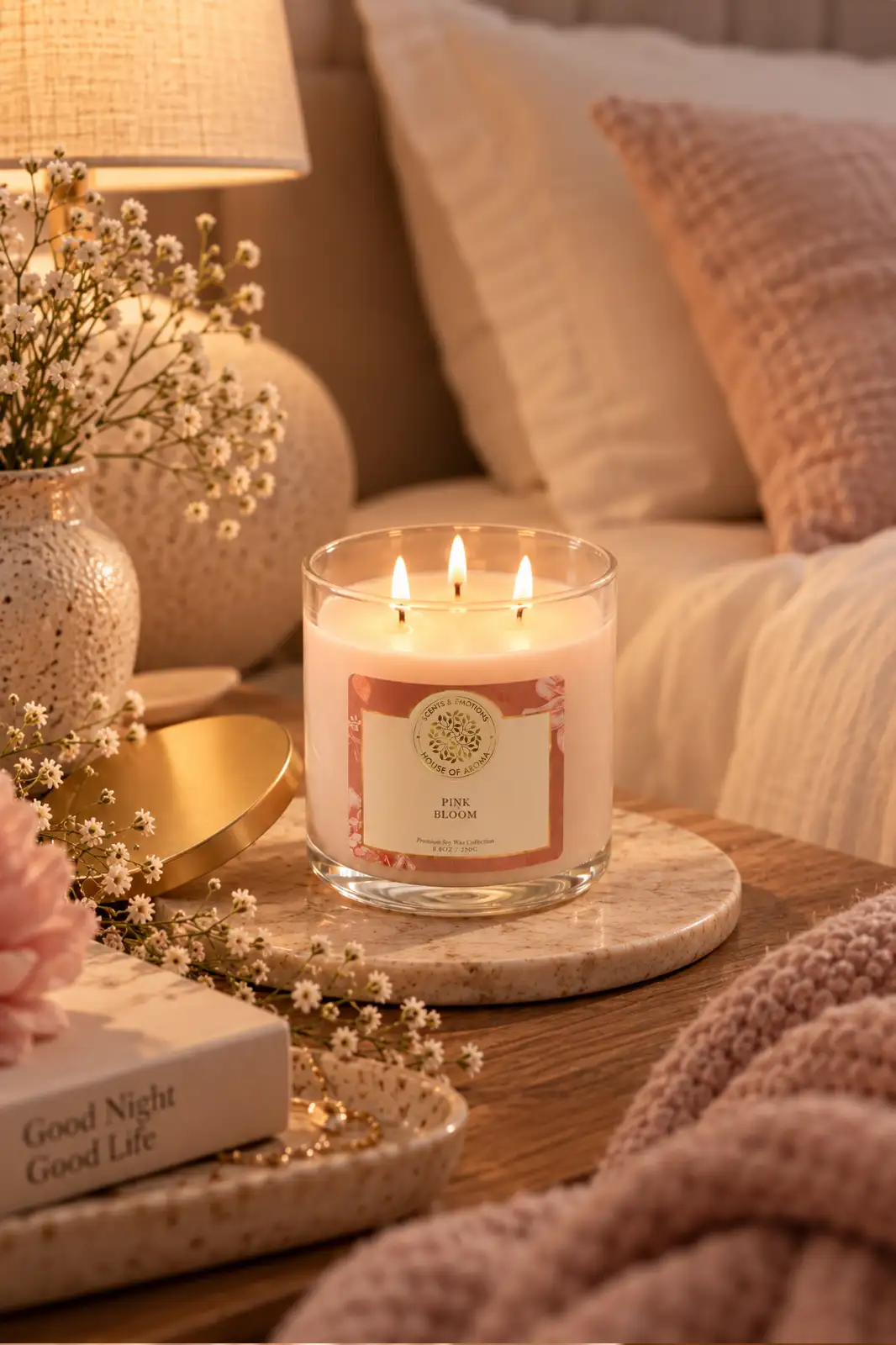 Scented 3 wick candles combo pack, Peach Mimosa 3 wick candle, Pink Bloom 3 wick candle, natural wax 3 wick candles, scented candle gift set