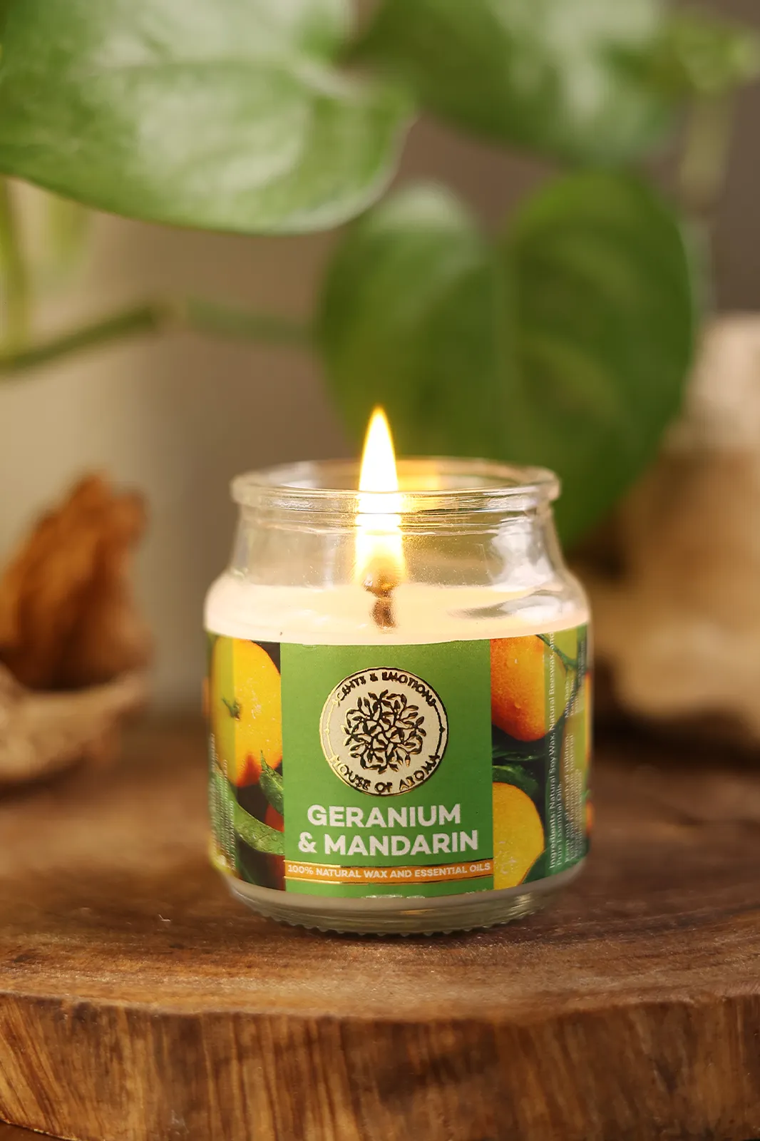 Geranium & Mandarin Natural Scented Candle, Geranium Mandarin candles, geranium soy wax candle, mandarin candles, luxury scented candles India, essential oil, House of Aroma