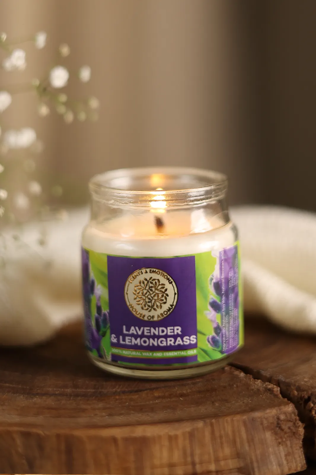 Lavender & Lemongrass Natural Scented Candle, lavender natural scented candle, lavender candles aromatherapy, lemongrass essential oil candle, House of Aroma