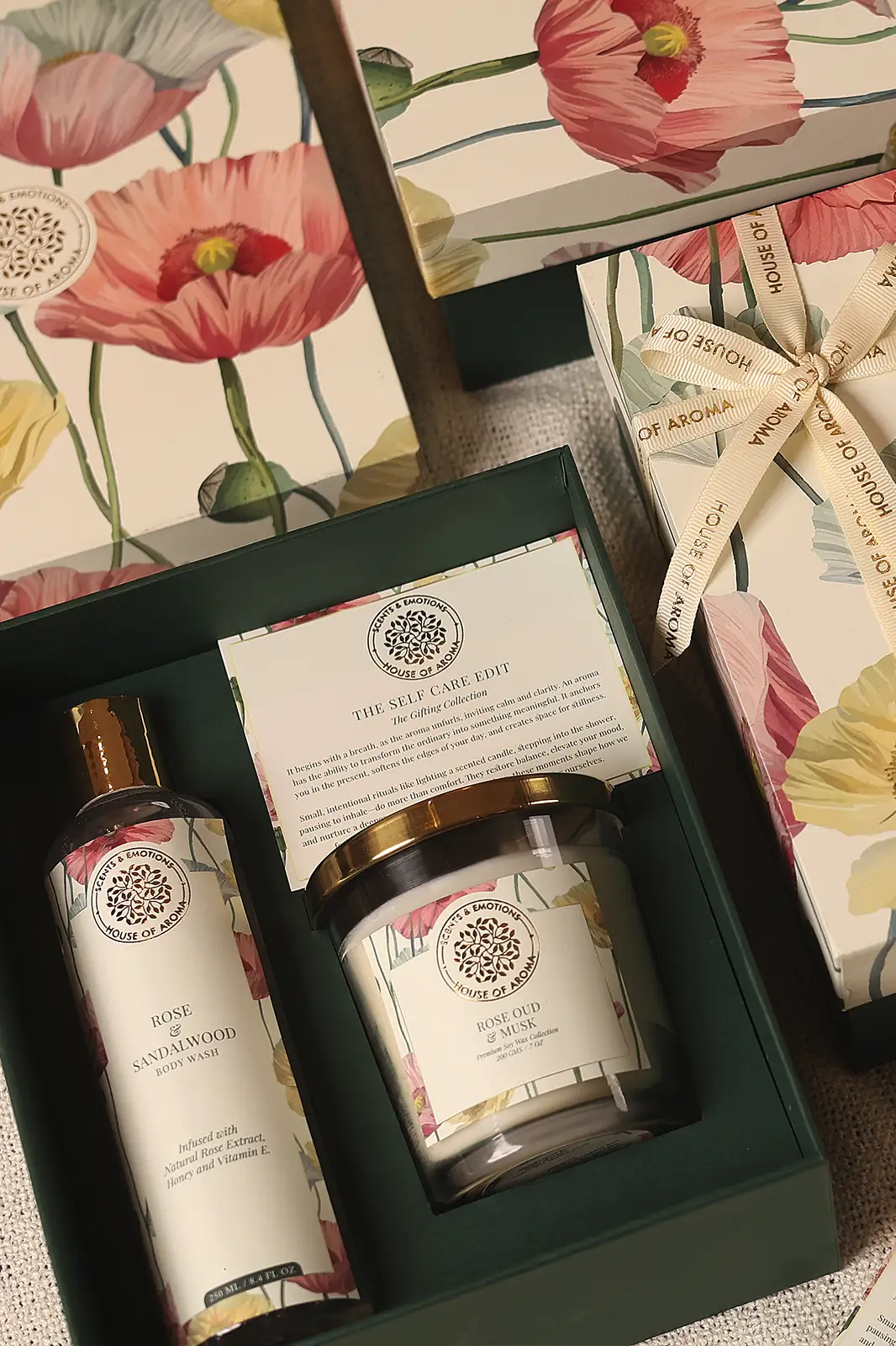 self care gift hampers , self care gift sets for women, self care hamper for her, self care gift box gifts, aroma gift hampers, aroma gifting, house of aroma, floral scent gift set