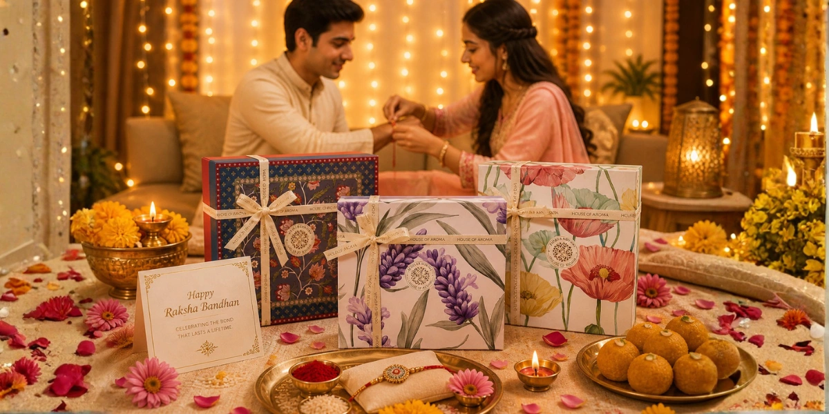 Premium Rakhi gift hamper featuring scented candles, reed diffuser, and luxury home fragrance products from House of Aroma