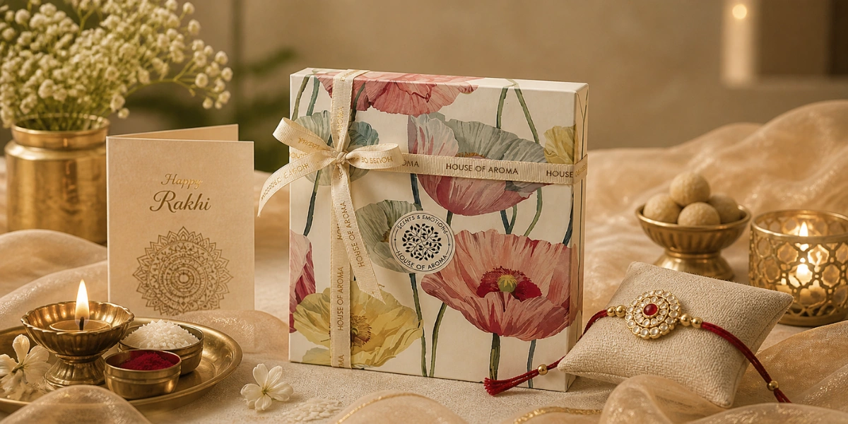 Personalized Rakhi gift hamper featuring scented candles, reed diffusers, room spray, and premium home fragrance products from House of Aroma