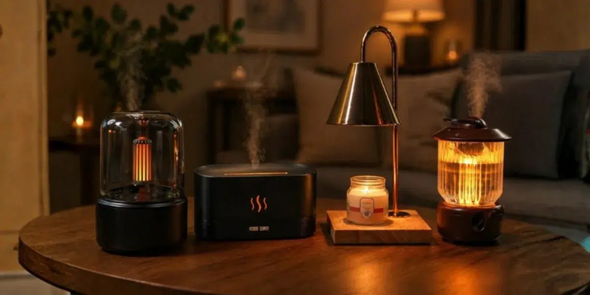 Essential oils vs fragrance oils for diffusers shown with House of Aroma diffusers on a wooden table in a warm living roomc