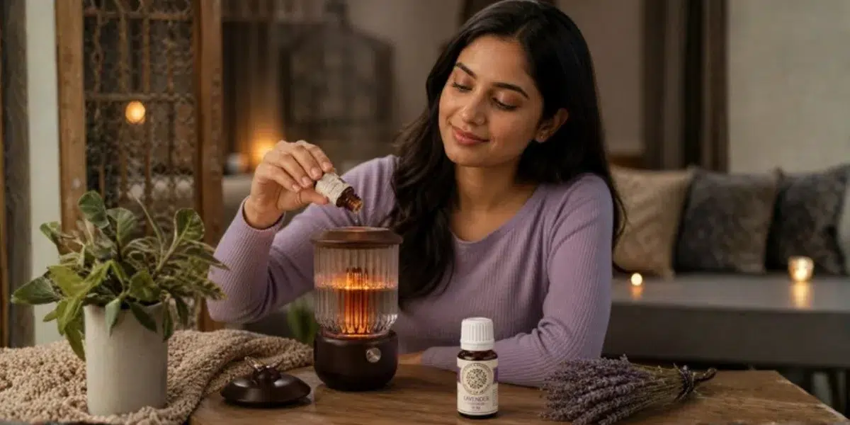 Essential oils vs fragrance oils for diffusers: a woman adding drops of House of Aroma oil to a glowing electric diffuser